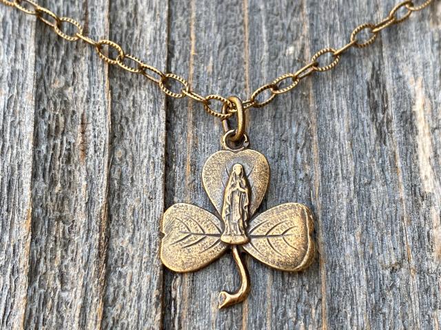 Bronze Mary Shamrock Pendant (Antique Replica from Lourdes France) Medal on Necklace, Our Lady of Lourdes on a Shamrock Pendant, Irish Gift