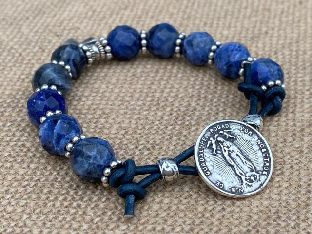 Sterling Silver Our Lady of Guadalupe Bracelet, Denim Blue Sodalite Gemstones, Antique Replica Medal, Button Closure, Dangling Cross Charm