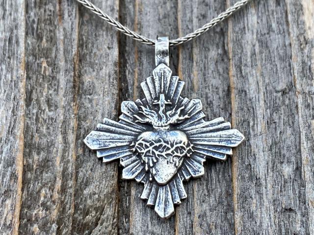 Sterling Silver Sacred Heart Pendant and Necklace, French Antique Replica, Radiant Sacred Heart Medal, Large Sacred Heart of Jesus Pendant