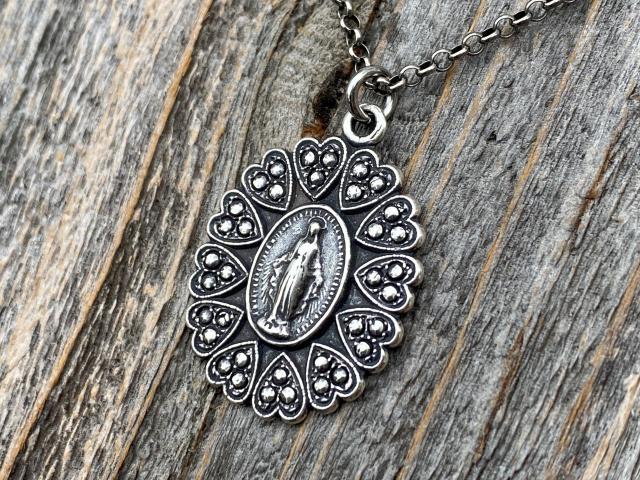 Sterling Silver Miraculous Medal Pendant Necklace, Hearts Border, Antique Replica, Blessed Virgin Mary Medal, Immaculate Virgin Mary, MM5