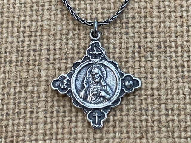Sterling Silver Sacred Heart of Jesus Medal Cross Pendant, Faith Hope & Love Symbols, Antique Replica, .925 Sterling Silver Wheat Necklace