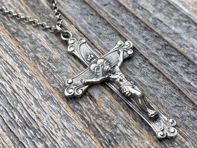 Sterling Silver Sacred Heart of Jesus Crucifix, Pendant Necklace, Antique Replica, Large Sterling Silver Crucifix, Big Sacred Heart Pendant