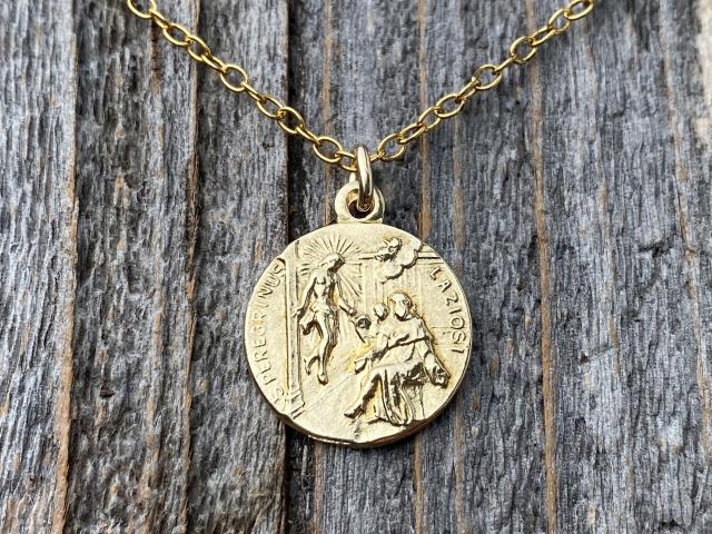 Gold St. Peregrine Laziosi Medal Pendant Necklace, Antique Replica, Patron Saint of Cancer Patients, Saint Peregrinus, Saint Pellegrino