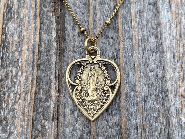 Antique Gold Blessed Virgin Mary Heart Pendant on Satellite Chain Necklace, Antique Replica, Our Lady of Lourdes Medal, Marian Heart Pendant