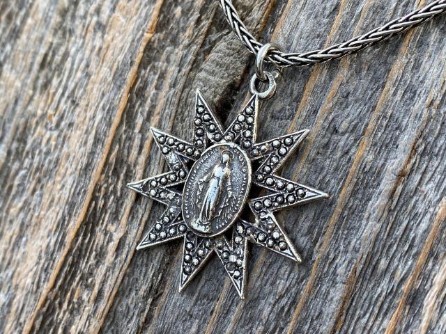 Sterling Silver Sun Shaped Miraculous Medal Pendant Necklace, Antique Replica, Our Lady of Fatima, Blessed Virgin Mary, Miracle of the Sun