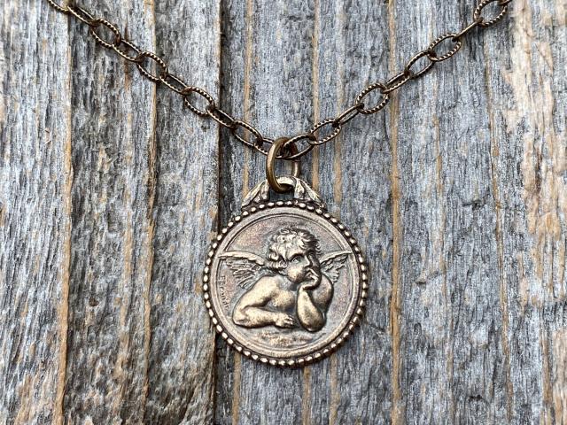 Bronze Dainty Angel Medal Pendant Necklace, French Antique Replica, Signed by artist Brandt, Putti Medallion Charm Pendant from France