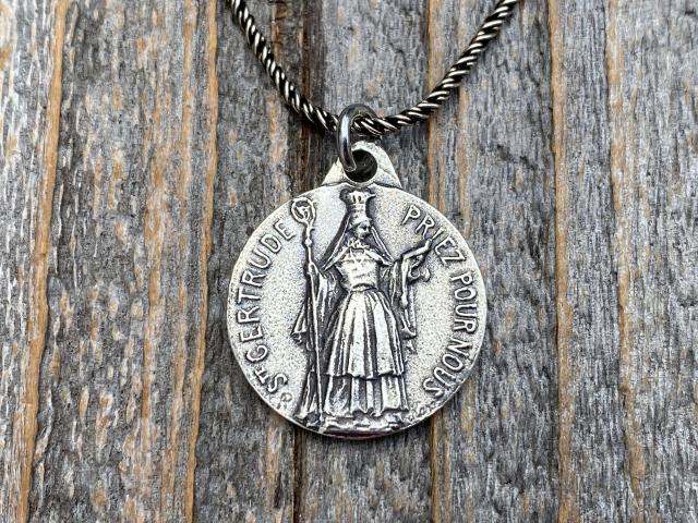 Sterling Silver St Gertrude the Great Medal Pendant Necklace, Signed by French artists Karo & AP Penin, Gertrude Charm, Patron Saint of Cats