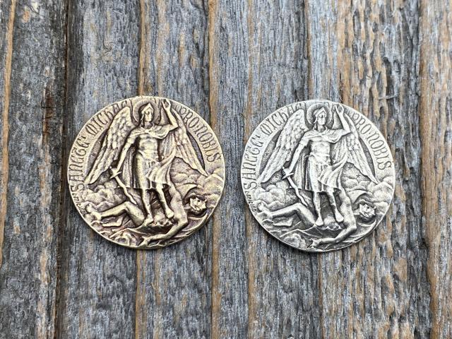 St Michael Medallion Pocket Token, Rare French & Latin Antique Replica, Artist L Tricard, Sterling Silver or Bronze, Archangel Michael Medal