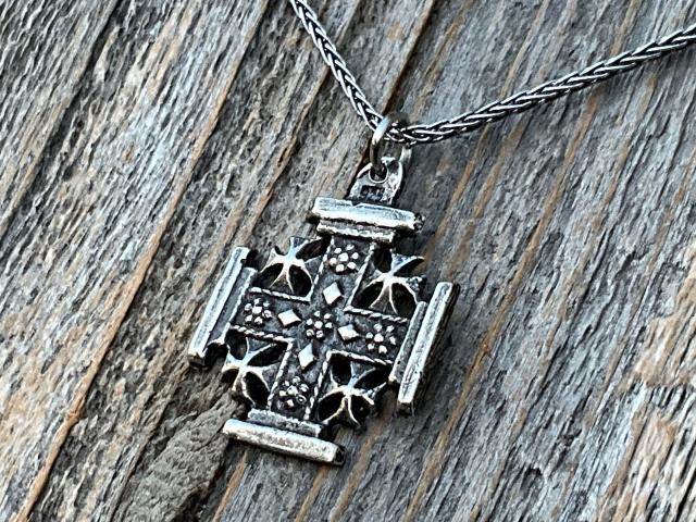 Sterling Silver Jerusalem Cross Pendant Necklace, Antique Replica Medal, Five-Fold Cross, Five Wounds of Christ Cross, Cross-and-Crosslets