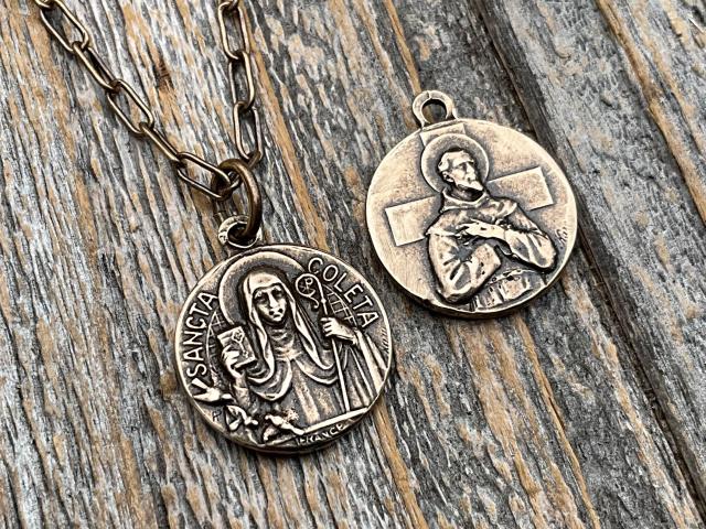 Fertility Saint Colette of Corbie Small Bronze Antique Replica Medal and Necklace, By French Artists Penin & Karo, 2-sided Medallion Charm